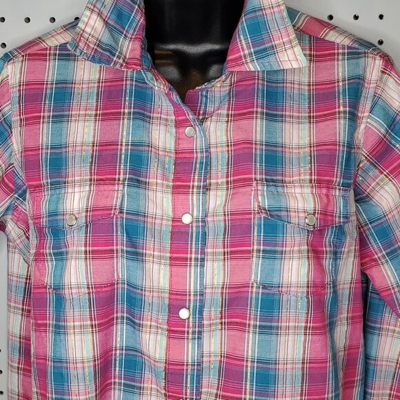 Wrancher Pink & Teal Gold Metallic Western Shirt, Pearl Snaps, Sz L - Picture 1 of 7